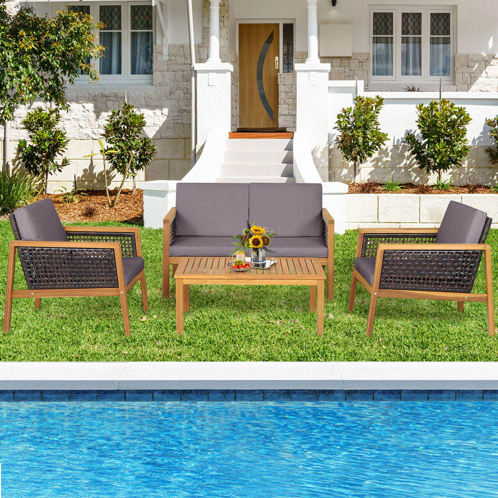 Costway 4 Seater Grey Patio Acacia Wood Furniture Set Image 1