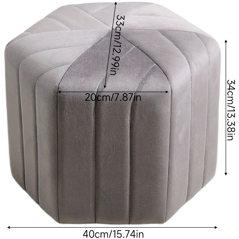 Living and Home Grey Minimal Hexagonal Velvet Footstool Ottoman with Stripes Image 9