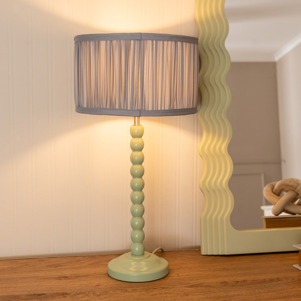 ValueLights Bobbins Ruched Pleated Blue Drum Shade Sage Green LED Table Lamp Image 2