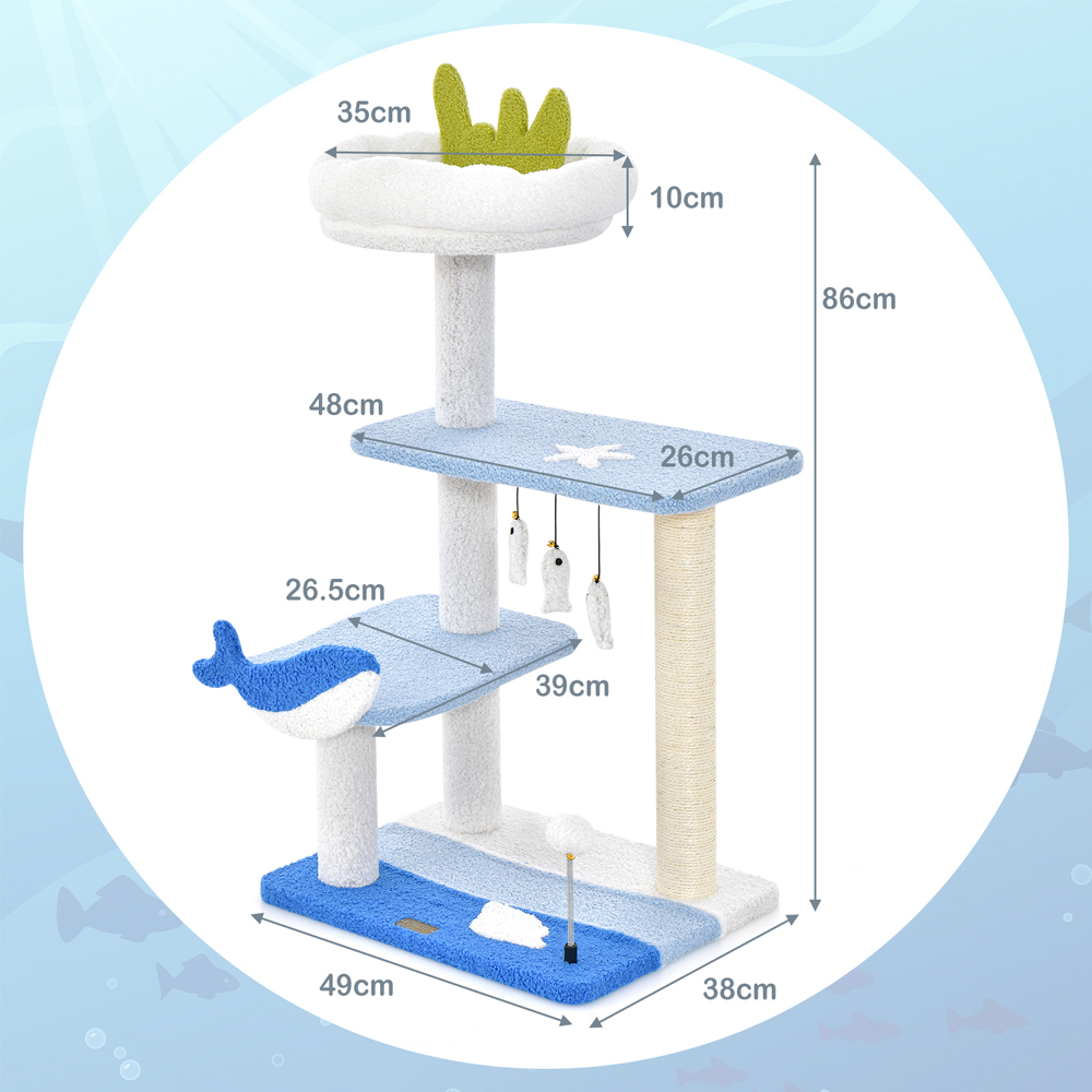 Costway 3 Tier Blue Ocean Themed Cat Tree with Scratching Posts 93cm Image 9