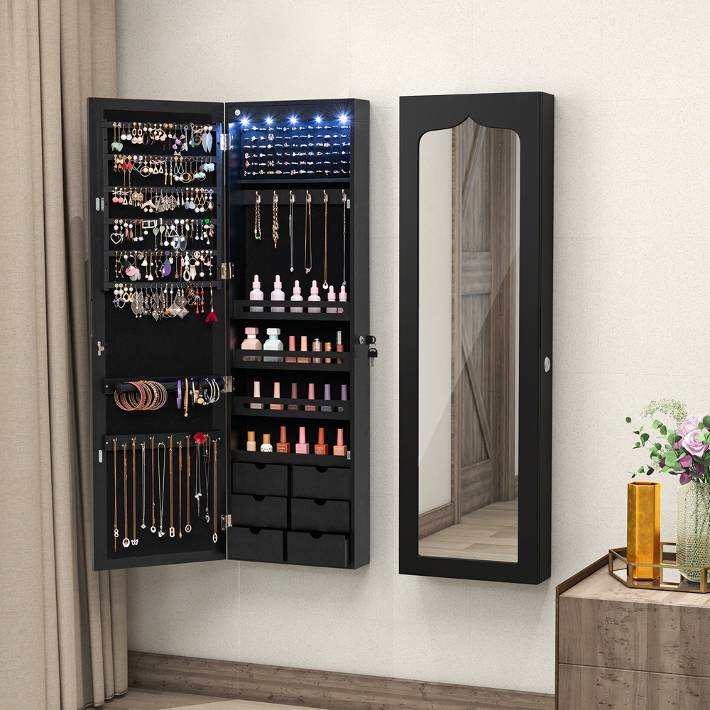 Costway Black Mirror Wall Mounted Jewellery Armoire with LED Lights Image 2