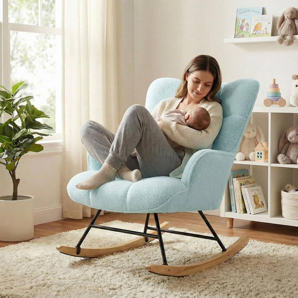 Alivio Blue Teddy Plush High Backrest Rocking Chair Image 6