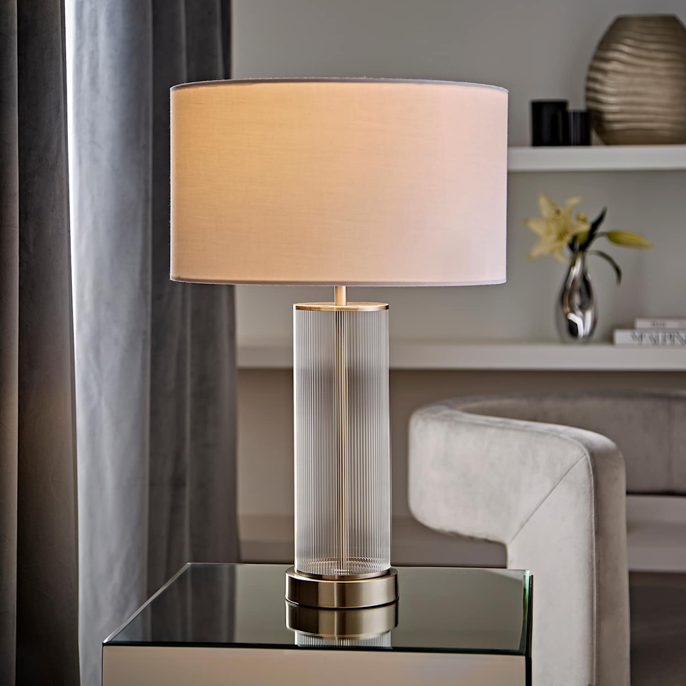 ValueLights Calin White Drum Shade Brushed Chrome Ribbed Glass Table Lamp with Bulb Image 6