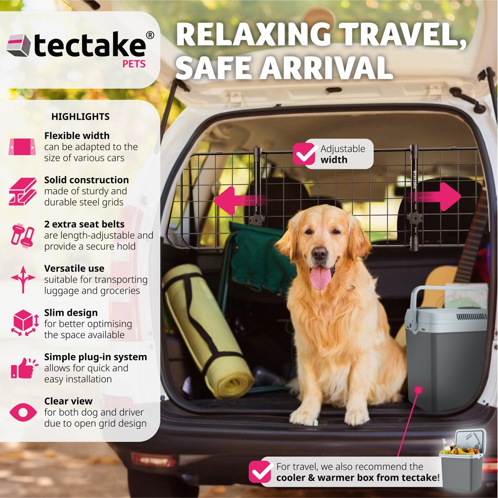 tectake Adjustable Mesh Steel Car Dog Barrier with 2 Seat Belts 91.5 x 30.5 x 5cm Image 3