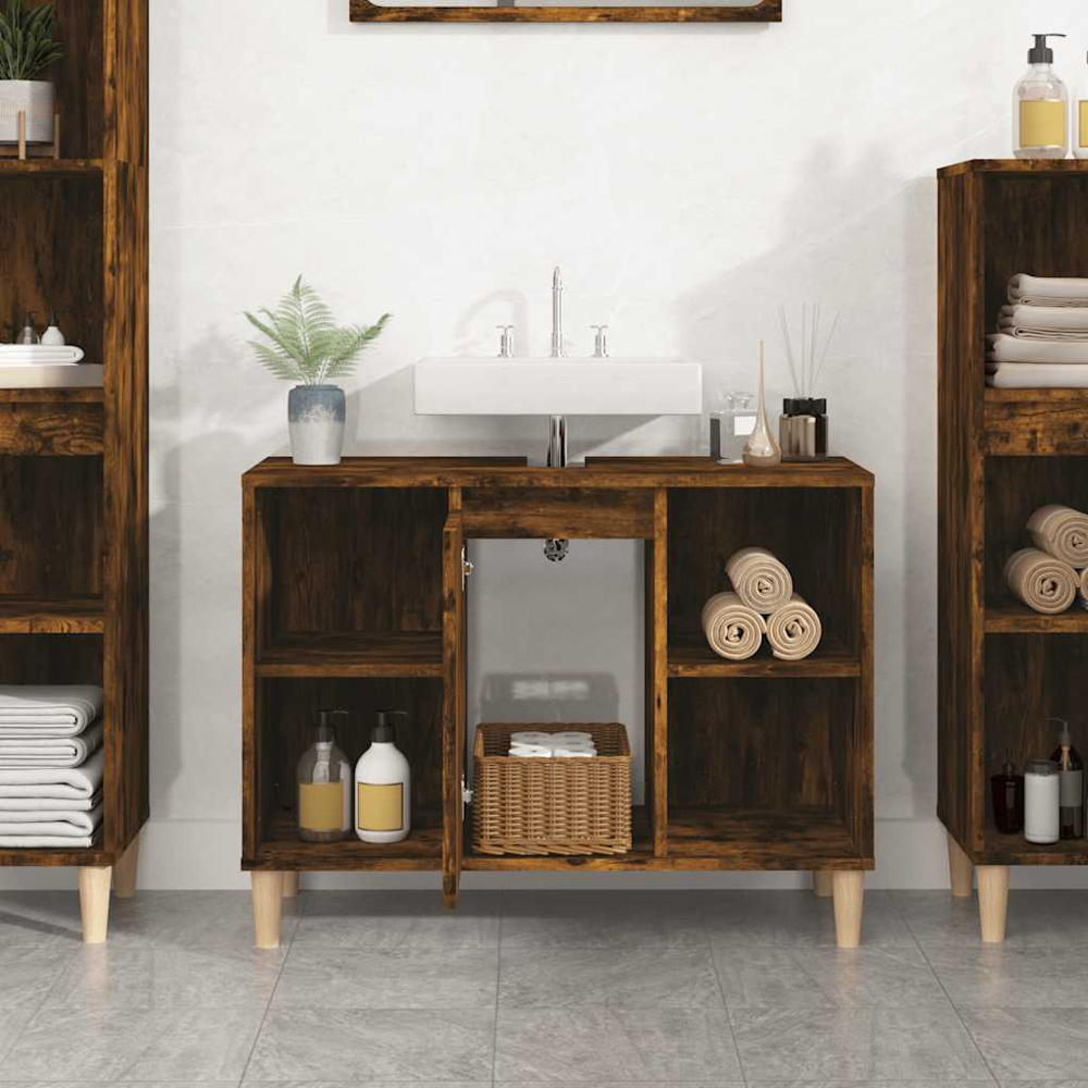 vidaXL Single Door 4 Open Shelf Smoked Oak Bathroom Sink Cabinet Image 9