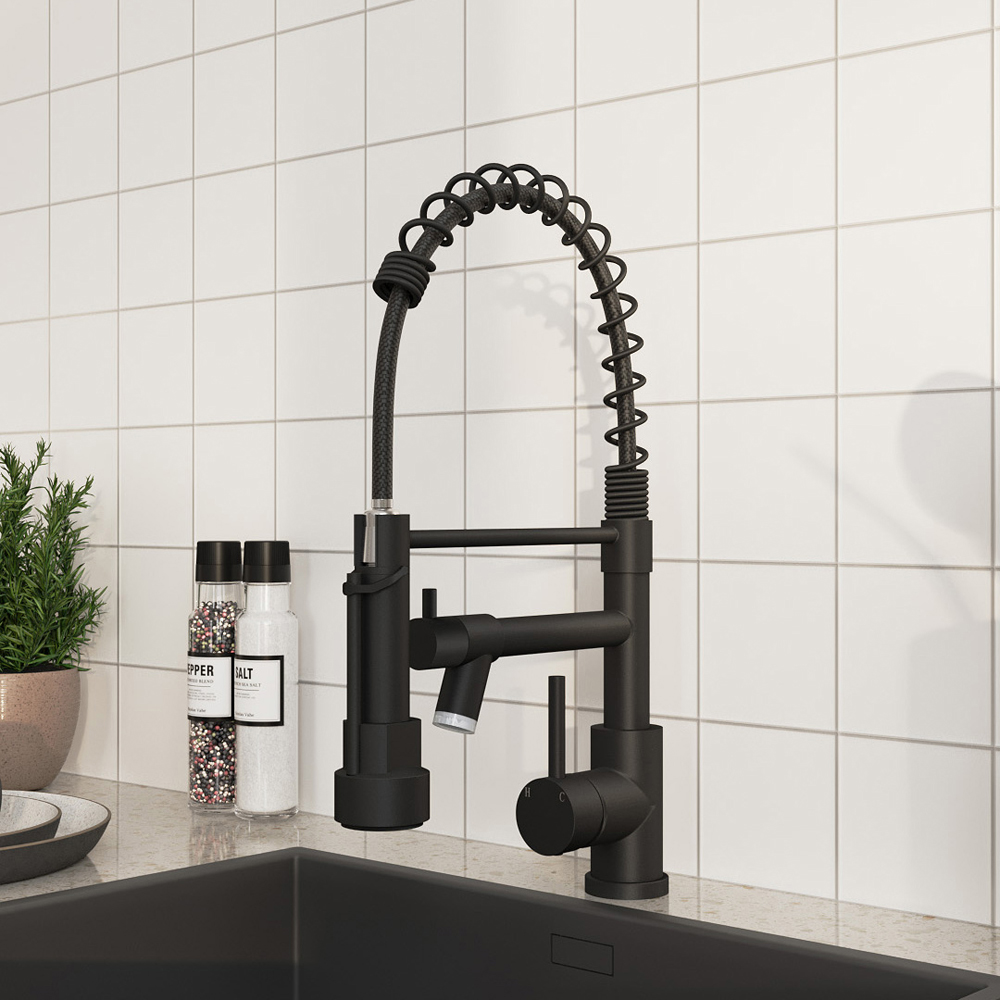 Living and Home Black 304 Stainless Steel Dual Spout Swivel Kitchen Faucet with LED Light Image 7