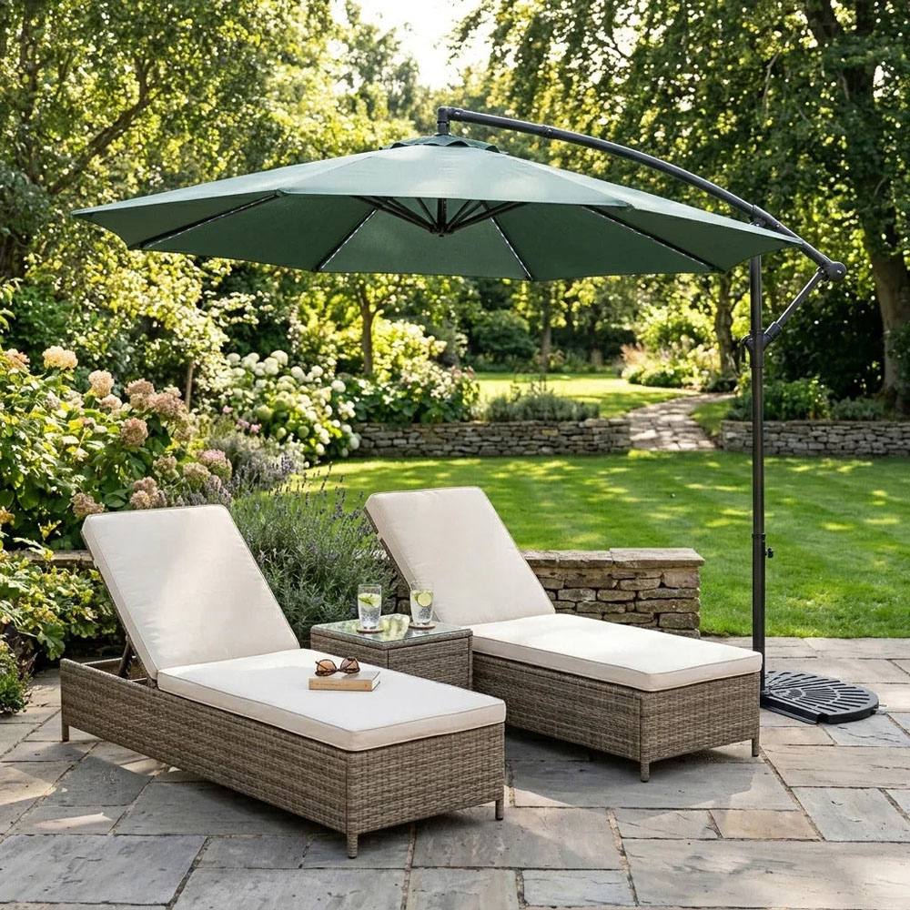 MonsterShop Green LED Cantilever Parasol with Half Fan Base 3m Image 2