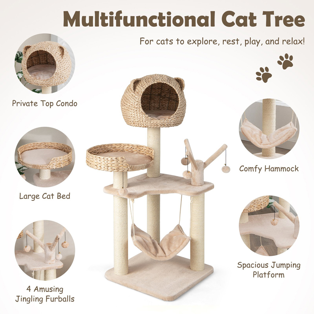 Costway 121cm Natural Cat Tree Scratcher with Cattail Fluff Condo Image 6