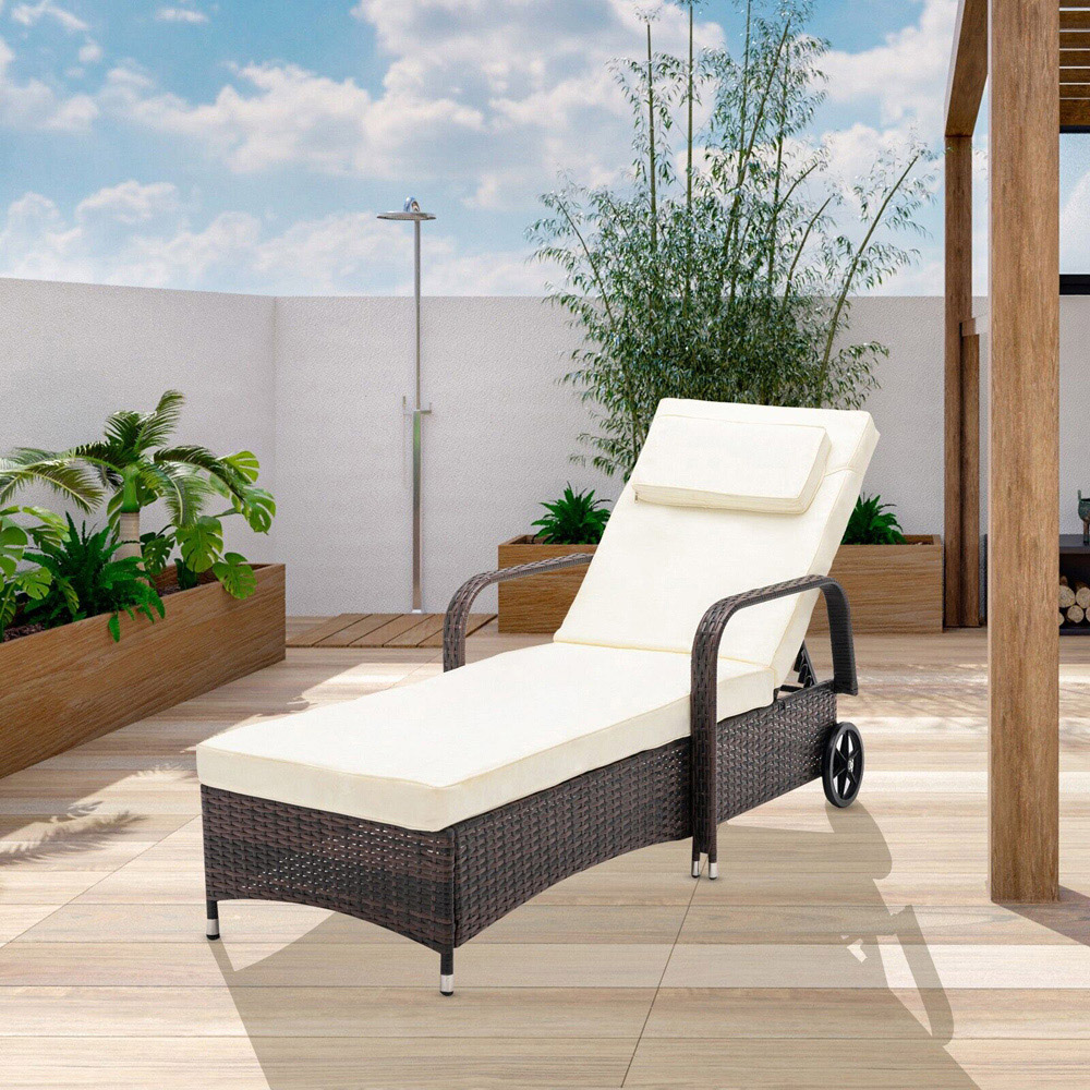 Brown Rattan Recliner Sun Lounger with Wheels Image 6