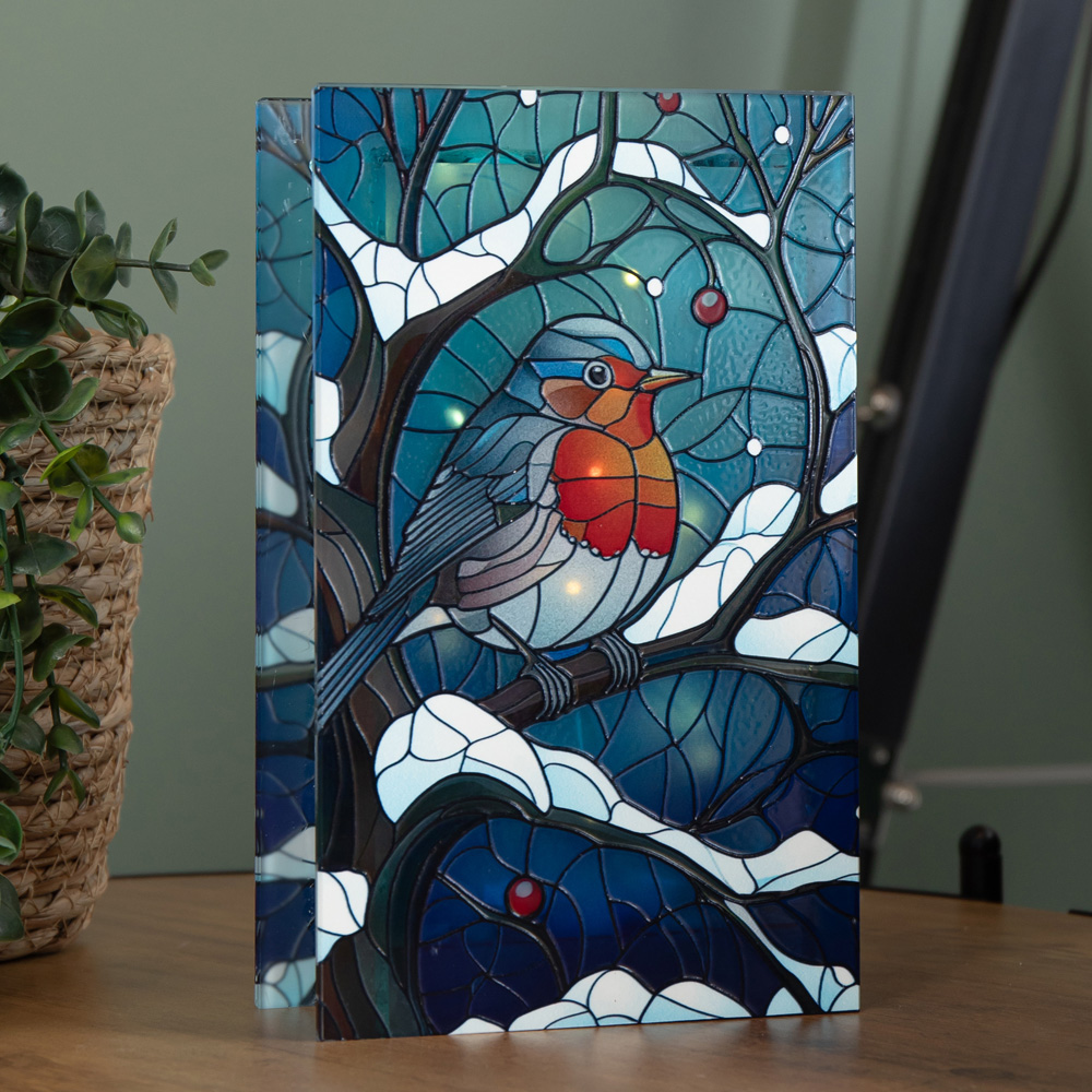 Samuel Alexander 50 Warm White LED Robin Scene Light Up Stained Glass Decoration 21cm Image 5