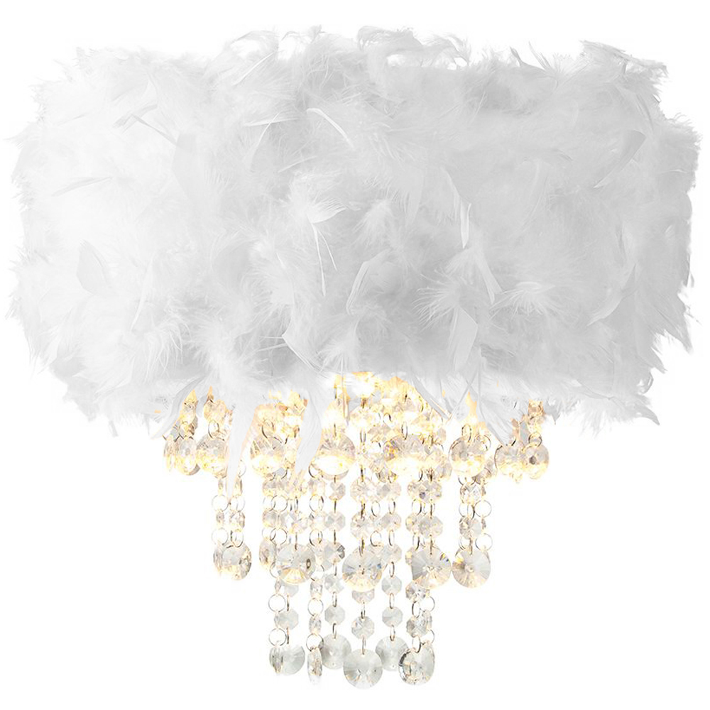 Happy Homewares White Feather Drum Pendant Shade with Clear Acrylic Droplets Image 2