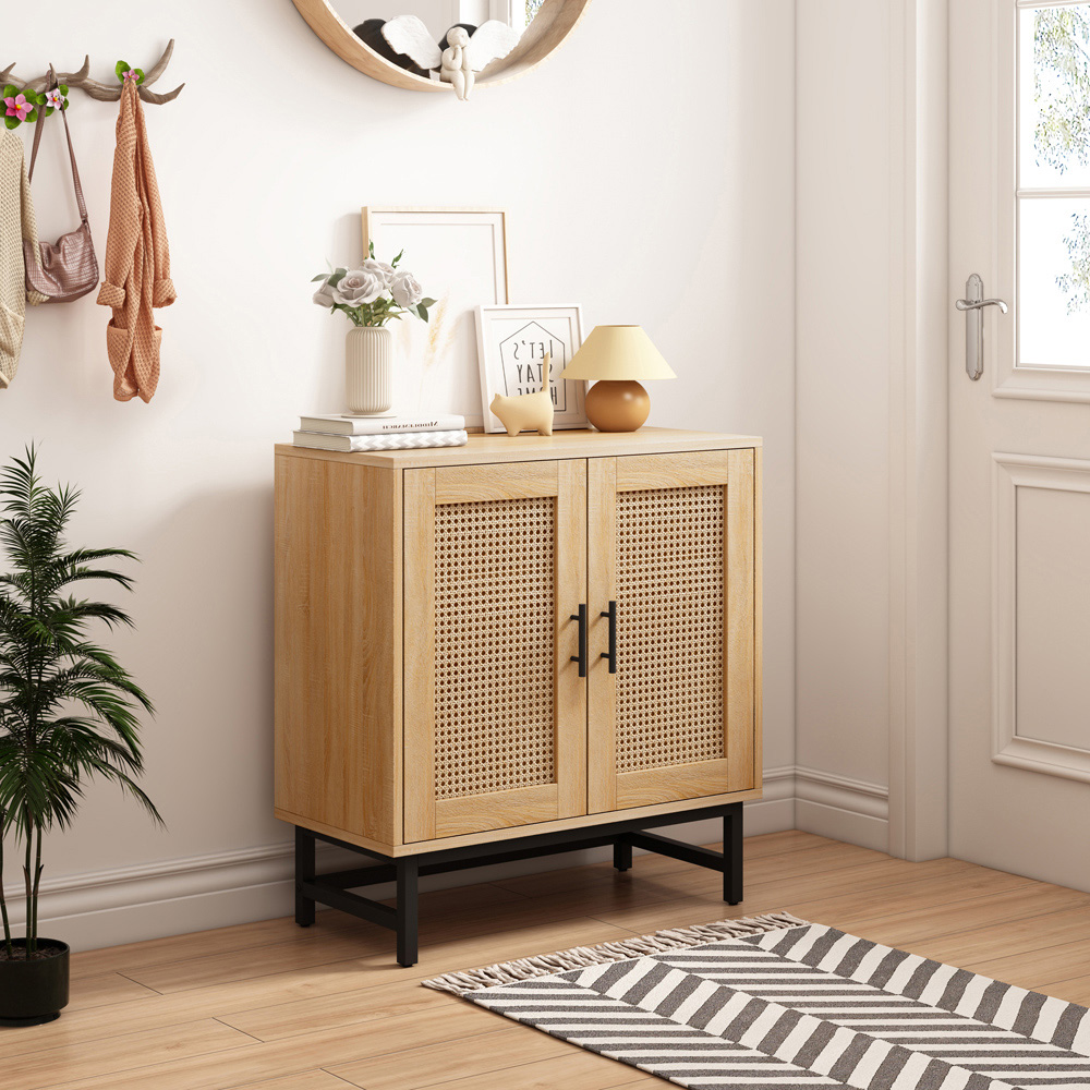 FurnitureHMD 2 Door Natural Rattan Wooden Storage Cabinet with Metal Legs Image 8