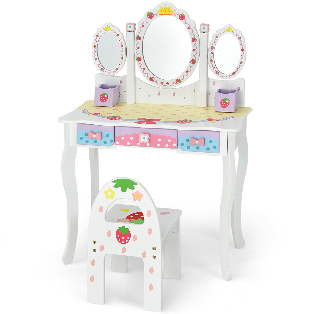 Costway Kids 3 Drawer White Dressing Table and Chair Set with 3 Mirrors Image 2
