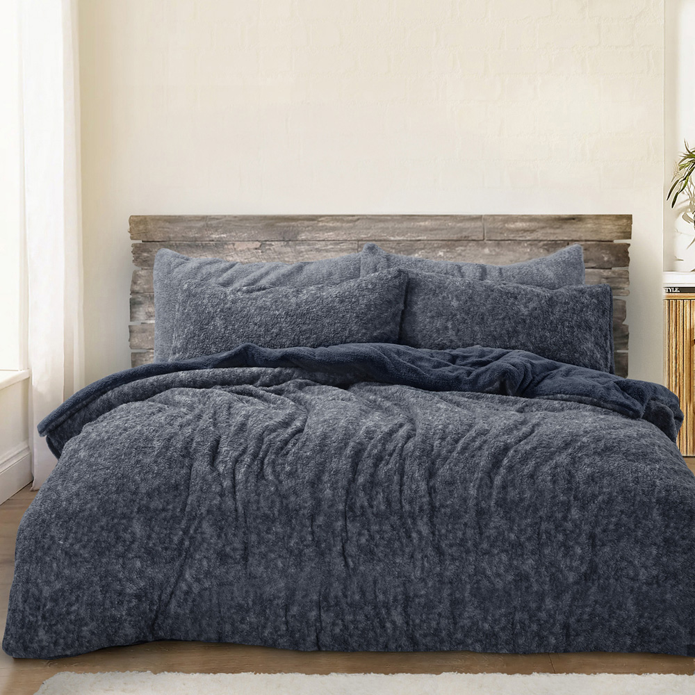 Velosso Double Navy Marl-Effect Teddy Fleece Duvet Cover Set Image 1