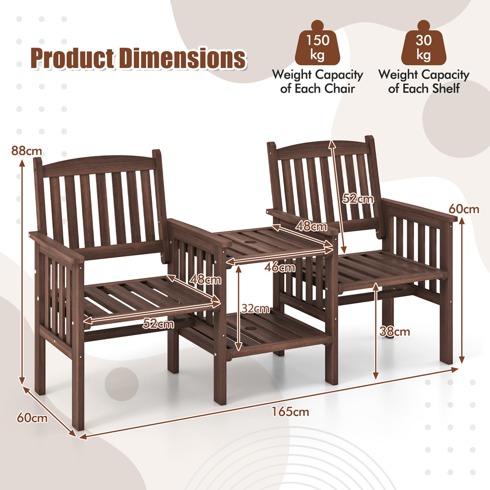 Costway 2 Seater Fir Wood Outdoor Loveseat and Side Table Set Brown Image 8