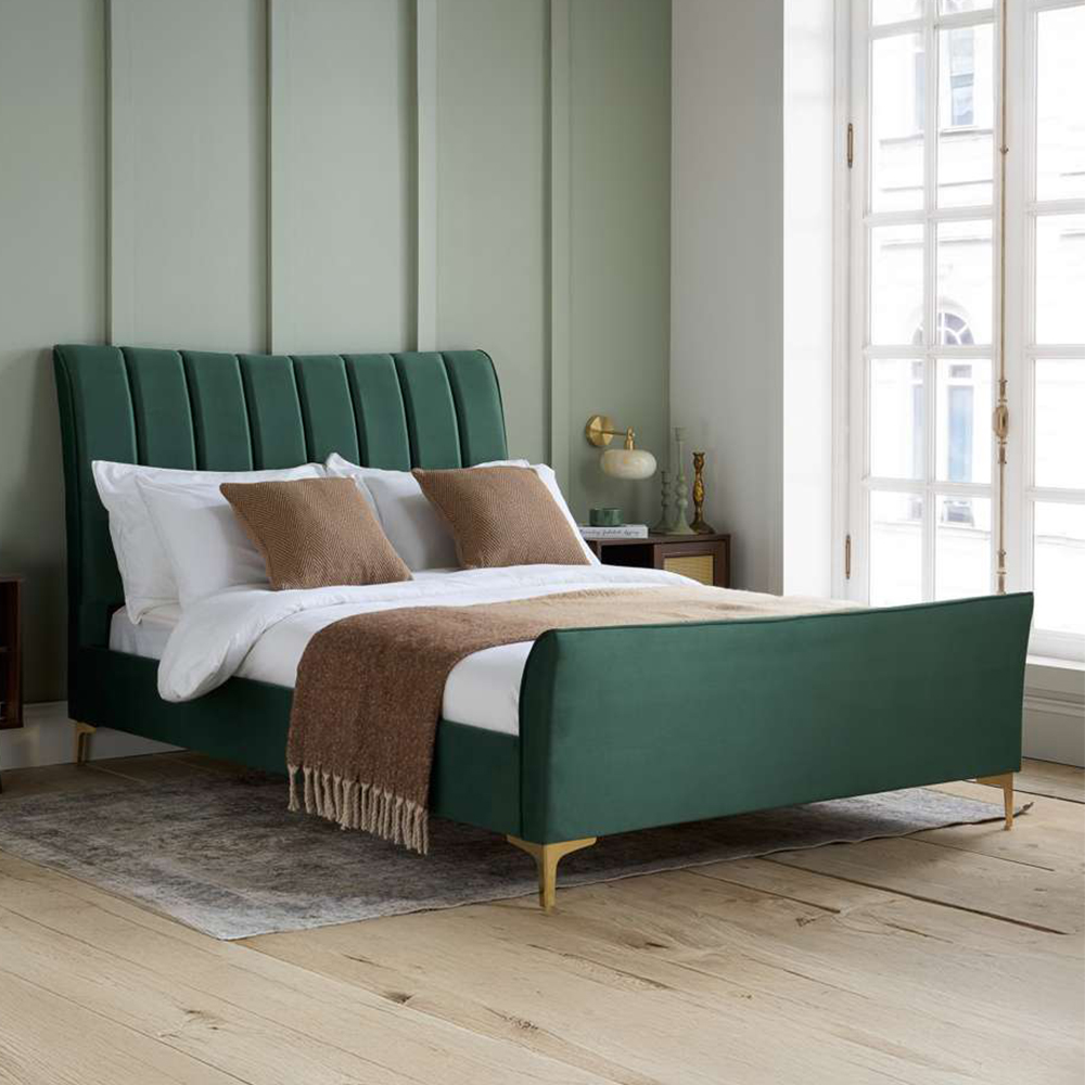 Clover Small Double Green Velvet Bed Image 1