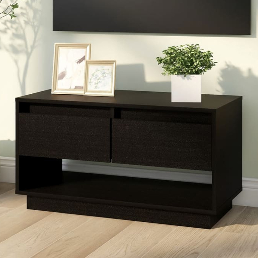 vidaXL 2 Drawer Single Shelf Black Solid Pine Wood TV Cabinet Image 7