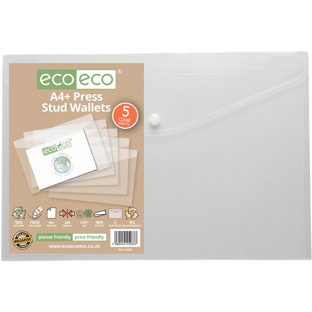 Pack of 5 A4 Plus Press Stud Wallets Clear Image 2