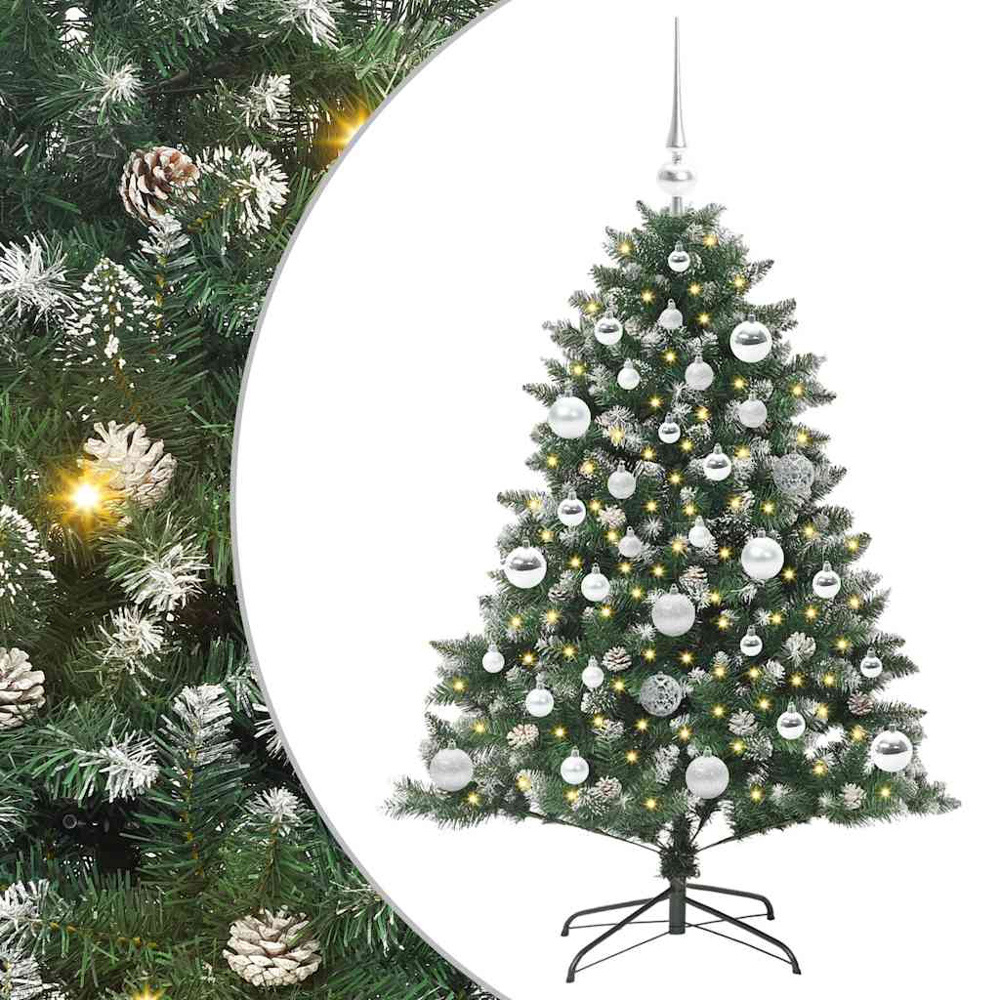 vidaXL Pre-Lit Silver Bauble Pinecones Green Snow Flocked Artificial Christmas Tree 4ft Image 6