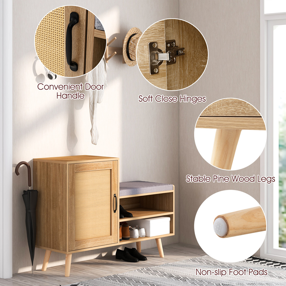 Costway Single Door 2 Shelf Natural Rattan Shoe Cabinet Bench Image 5