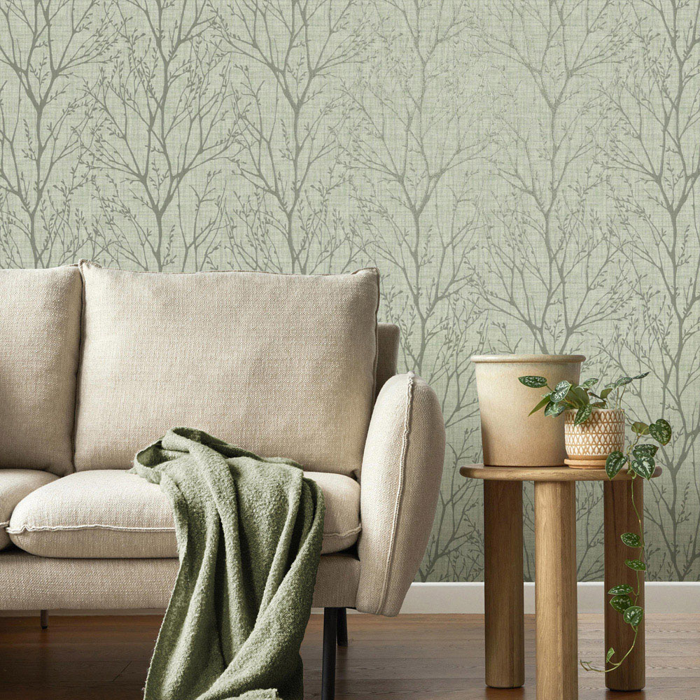 Crown Lynford Trees Fabric Effect Green Wallpaper Image 3