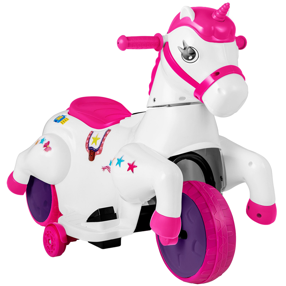 Costway Kids Rose Red and White Unicorn Ride On Toy with Training Wheels 12V Image 1