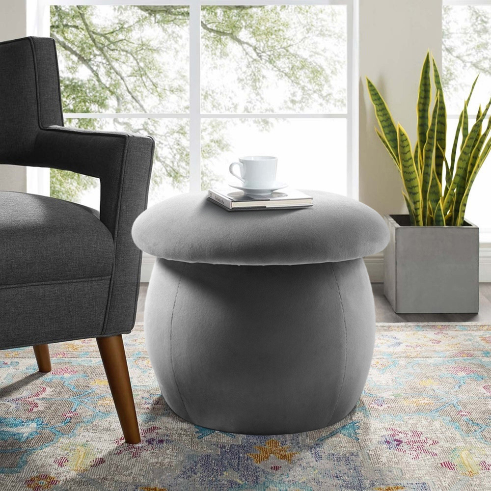 Living and Home Grey Round Lovely Velvet Mushroom Shaped Pouf Ottoman Image 3