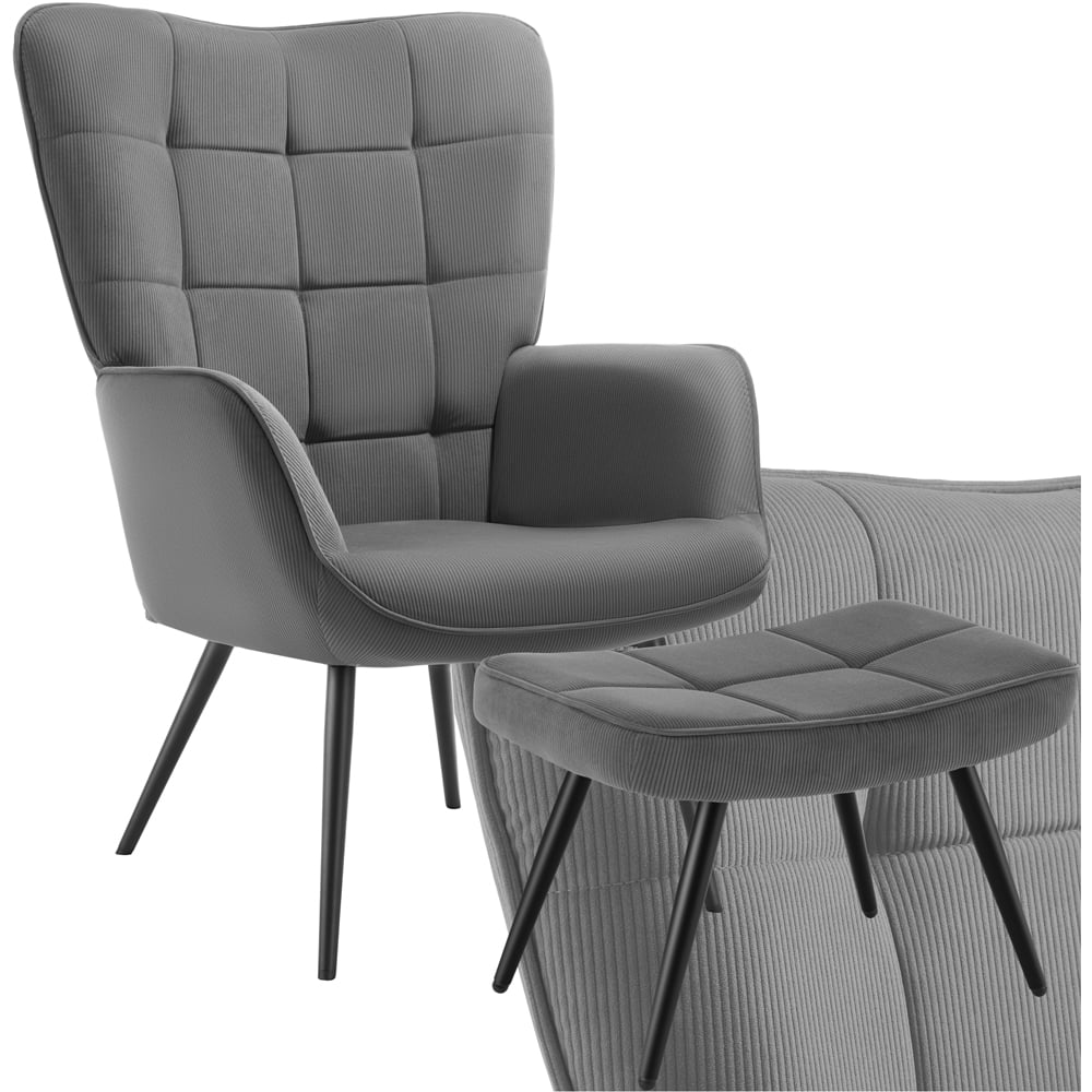 tectake Hygge Fine Corduroy Anthracite and Black Armchair with Stool Image 2