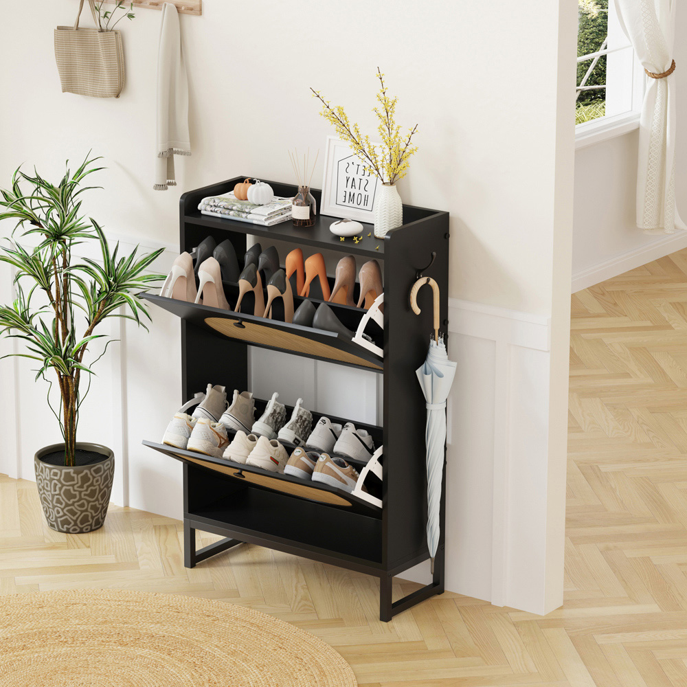 FurnitureHMD 2 Door Black Woven Rattan Shoe Cabinet with Hooks Image 7