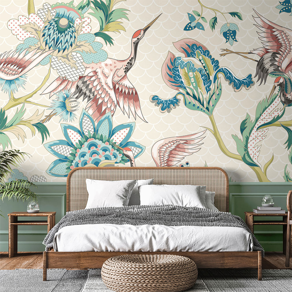 Origin Murals Cranes in Flight Cream Wall Mural Image