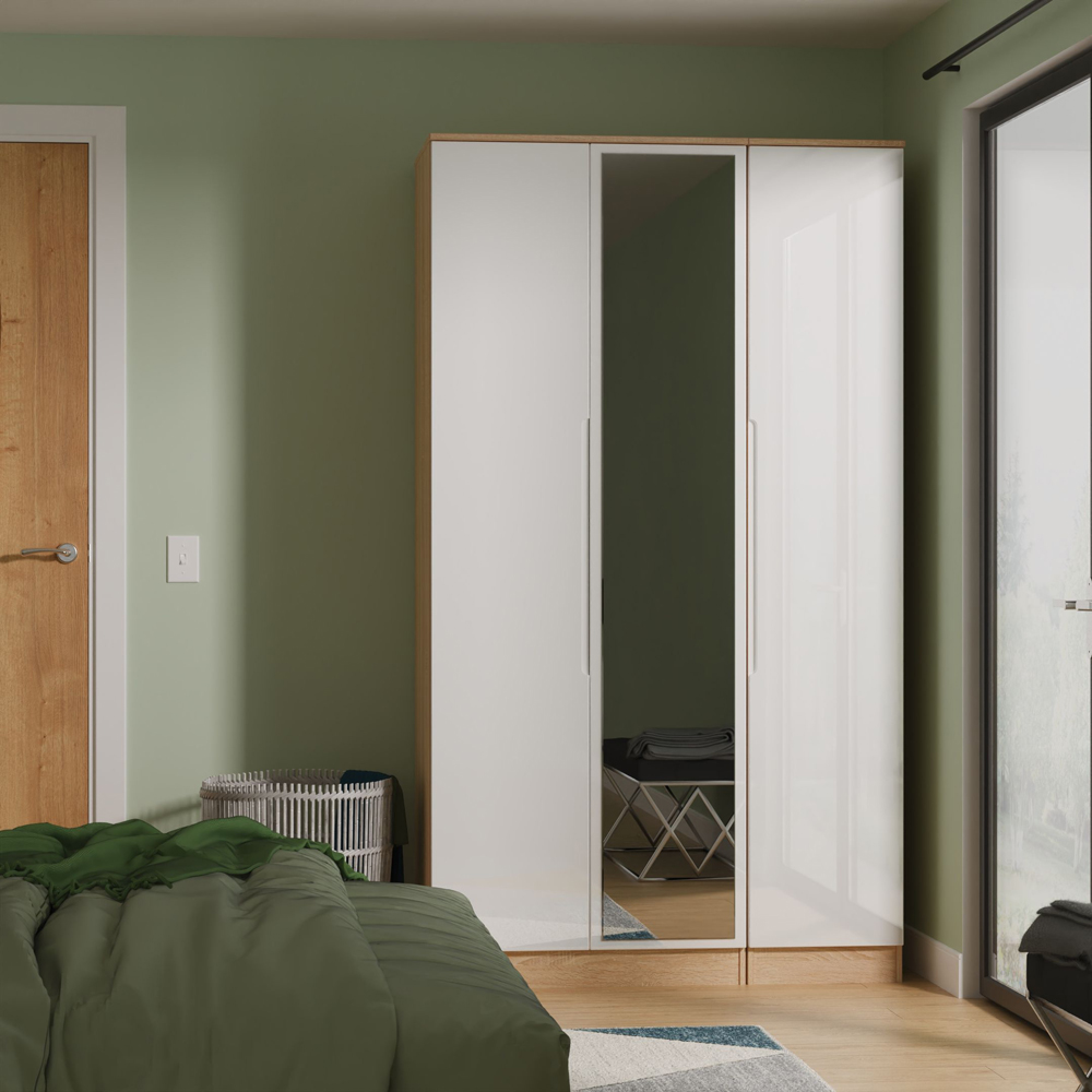 Crowndale Milan 3 Door White Gloss and Bardolino Oak Tall Mirrored Wardrobe Ready Assembled Image 8