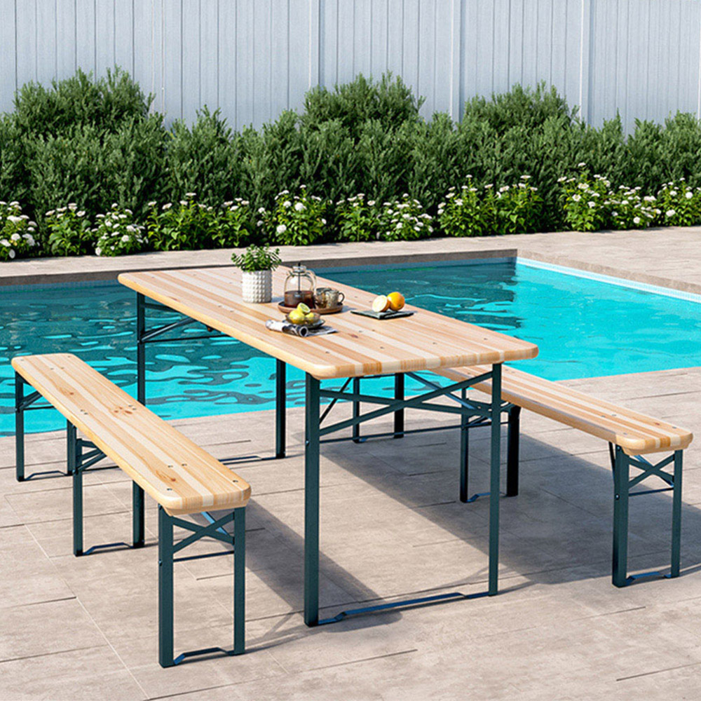 Living and Home 4 Seater Rustic Wooden Outdoor Table and Bench Set Image 1