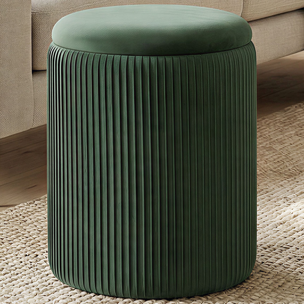 Portland Dark Green Round Storage Ottoman with Removable Top Image 1