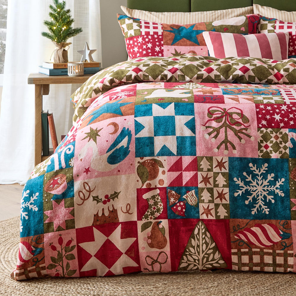 Furn Fika King Size Pink and Blue Patchwork Reversible Duvet Cover Set Image 4
