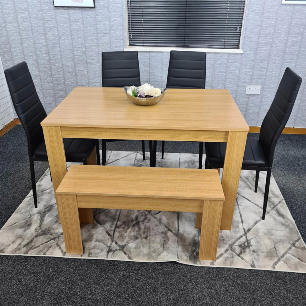 Portland 6 Seater Square Leather Dining Table Set Oak Effect and Black Image 1
