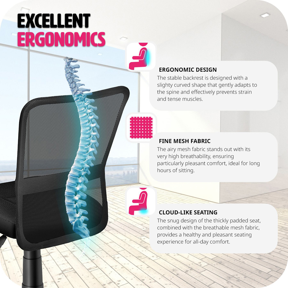 tectake Patrick Black Height Adjustable Padded Office Chair Image 6