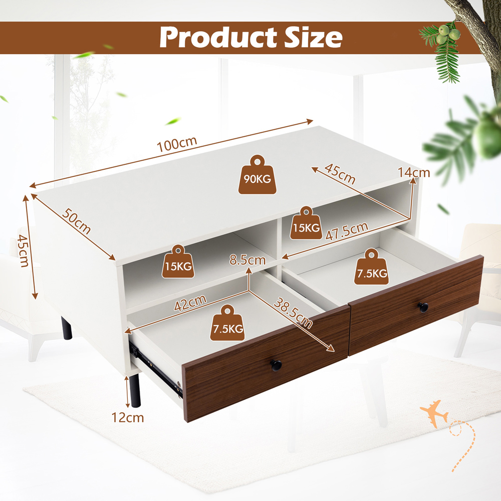 Costway 2 Drawer 2 Shelf White Coffee Table Image 9