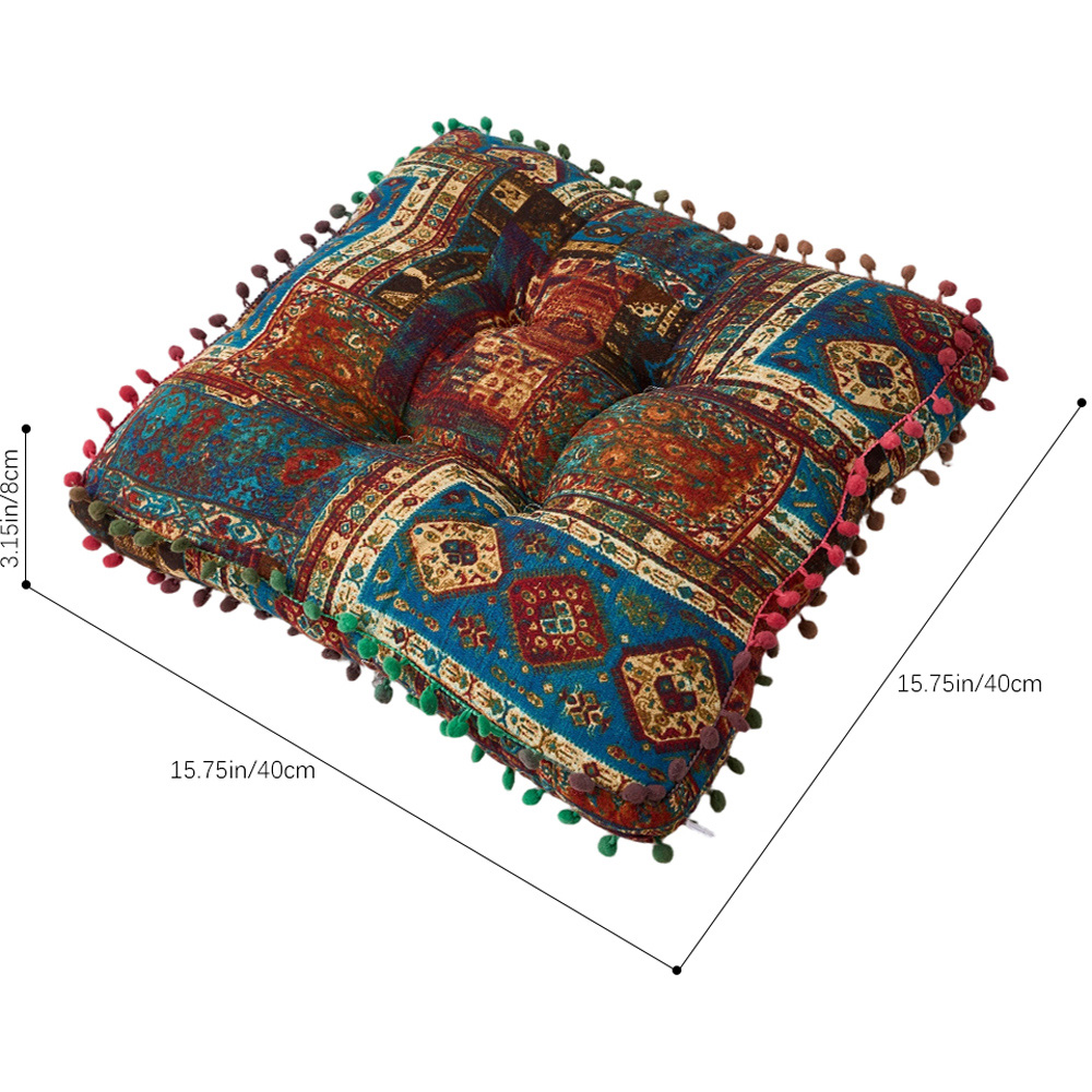 Living and Home Blue Bohemia Style Square Seat Cushion with Pom Pom Trim 40 x 40cm Image 8