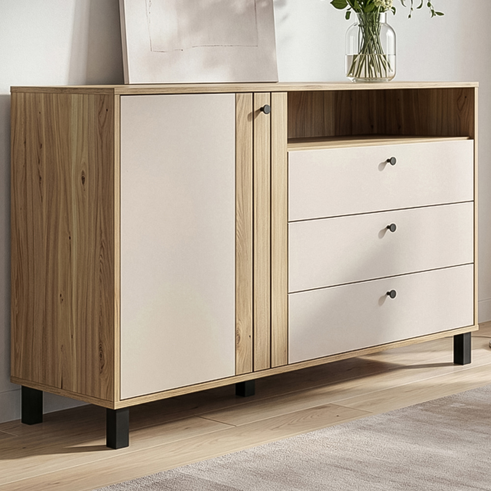 Florence Grafton Single Door 3 Drawer Single Shelf Cream and Oak Sideboard Image 1