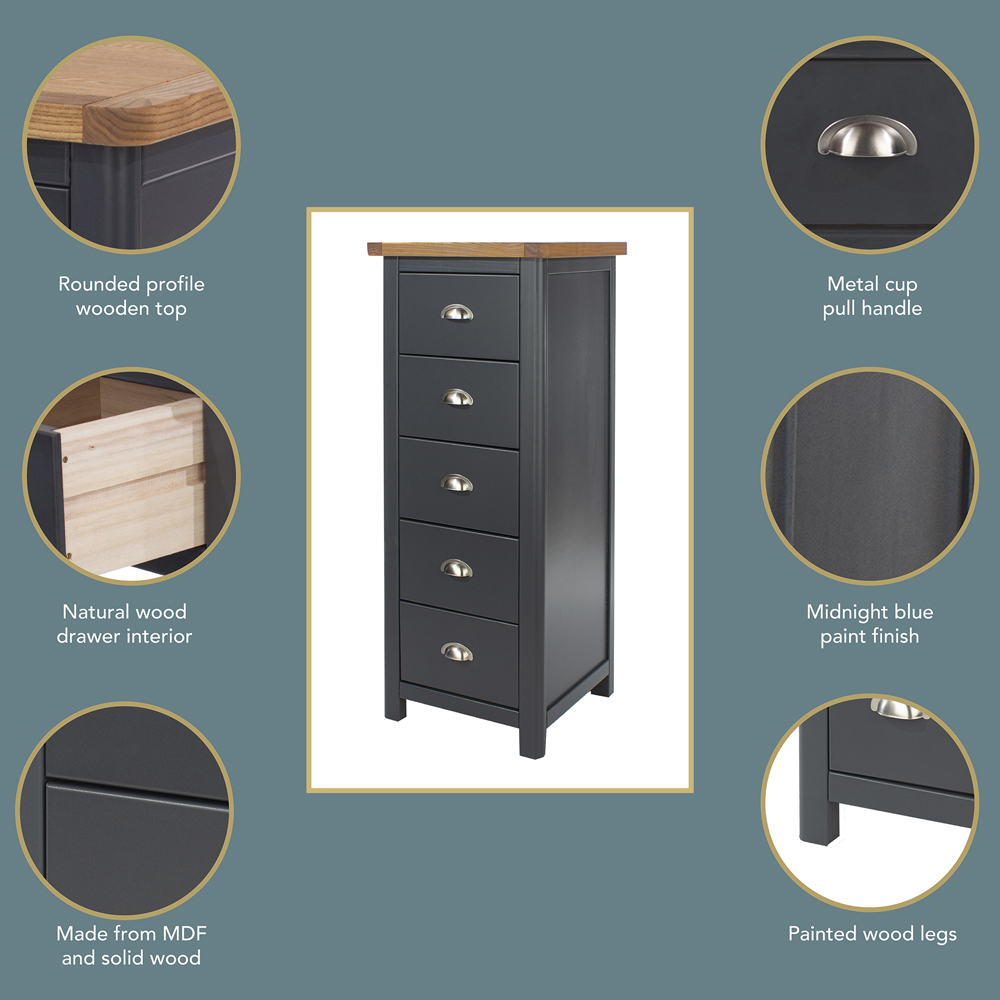Core Products Dunkeld 5 Drawer Midnight Blue Narrow Chest of Drawers Image 6