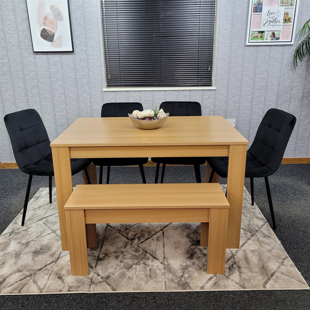 Portland 6 Seater Square Velvet Dining Table Set Oak Effect and Black Image 4