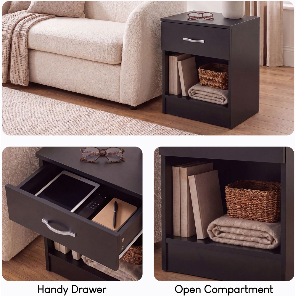 Vida Designs Riano Single Drawer Single Shelf Black Melamine Finish Bedside Table Set of 2 Image 7