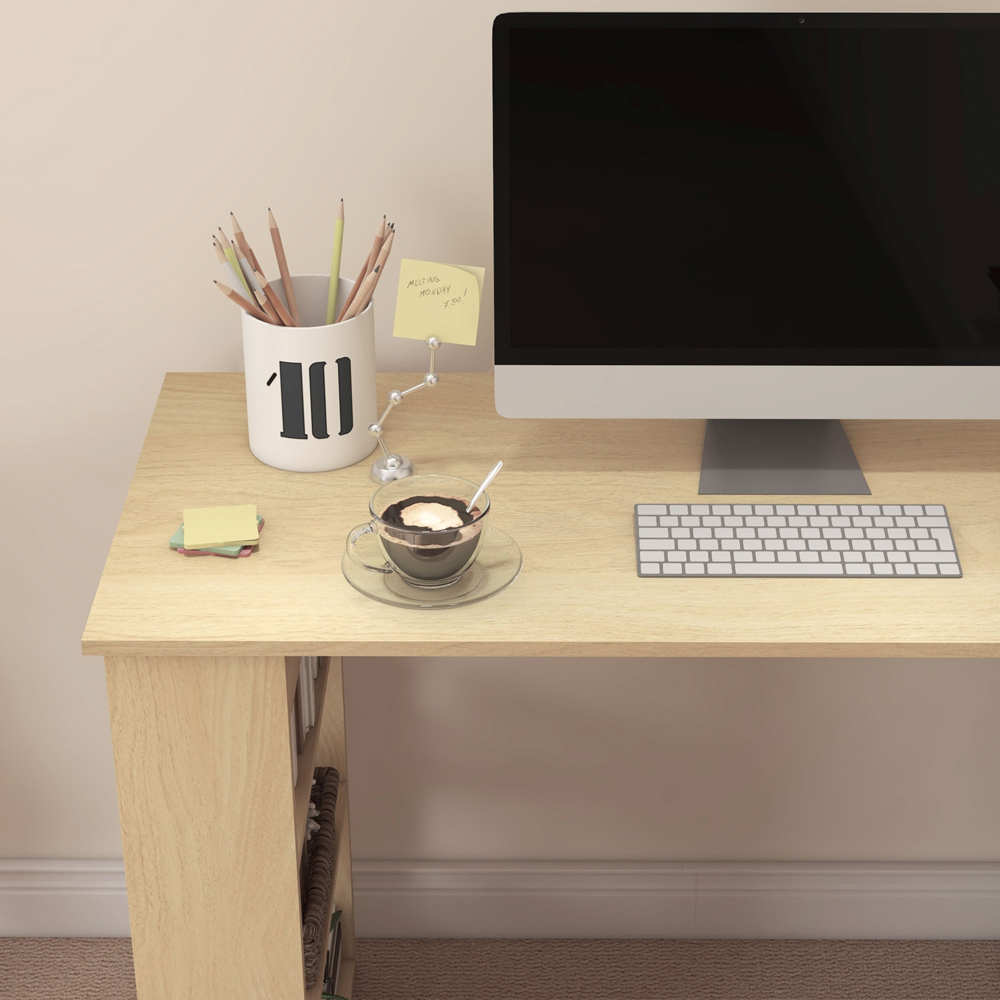 HOMCOM 5 Shelf Rotatable L-Shaped Corner Desk Natural and White Image 3