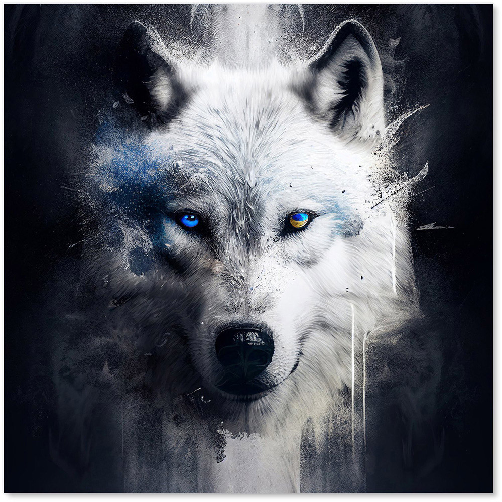 Warren Reed Designer Dark Background Splashart White Wolf Face Glass Kitchen Splashback 60 x 60cm Image 2