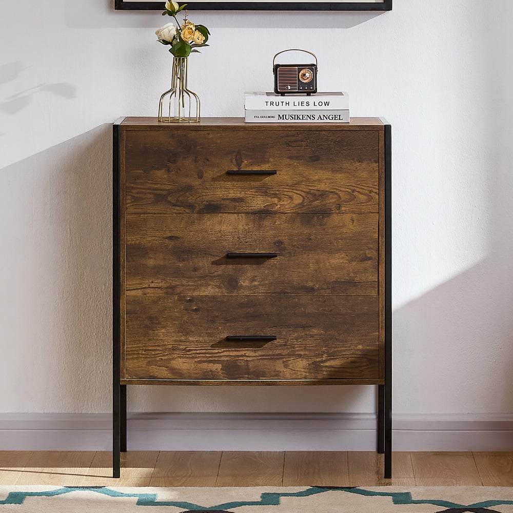 Vida Designs Brooklyn 3 Drawer Dark Wood Rustic Metal Frame Chest of Drawers Image 3