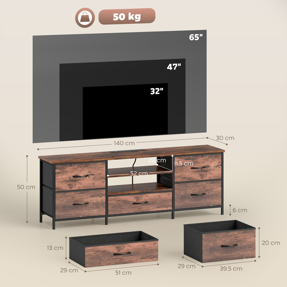 Portland 5 Drawer 2 Shelf Rustic Brown TV Unit with Charging Station Image 9