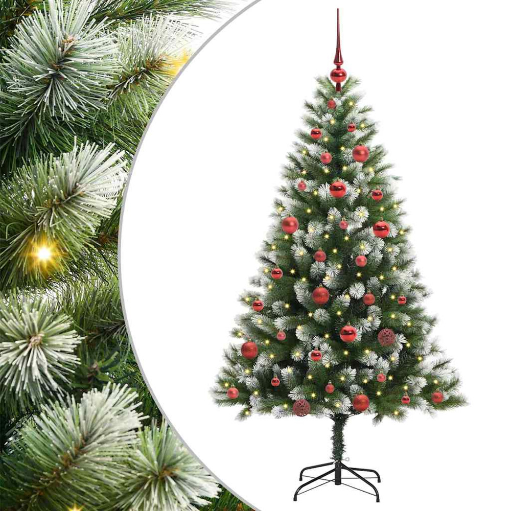 vidaXL Pre-Lit Red Baubles Green Artificial Snow Tipped Hinged Christmas Tree 5ft Image 2