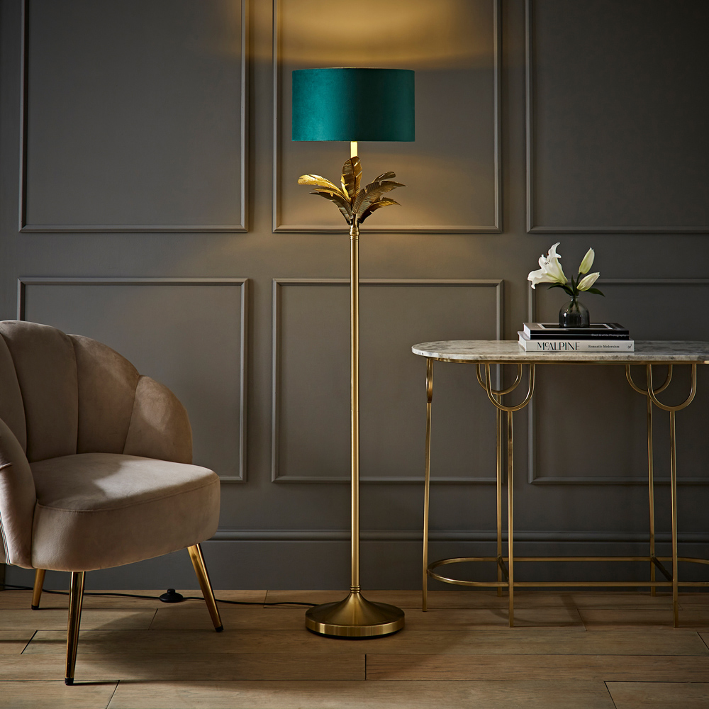 ValueLights Christina Green Velvet and Gold Palm Leaf Floor Lamp with Bulb Image 2
