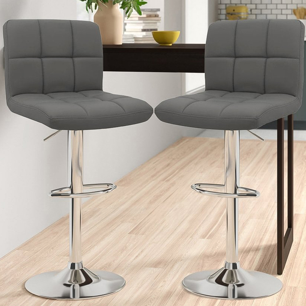 Neo Dark Grey and Chrome Faux Leather Swivel Bar Stool Set of 2 Image 1