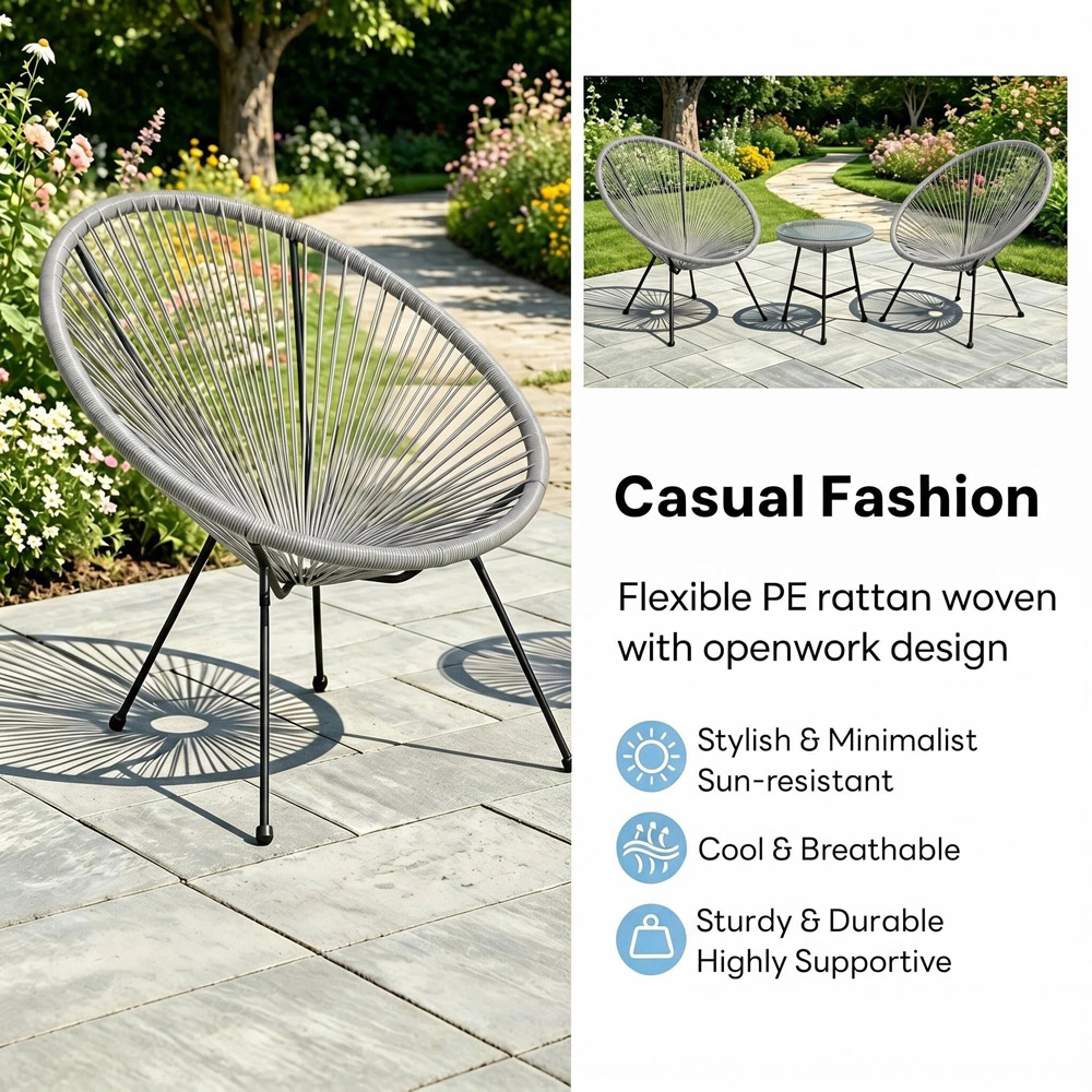 Alivio 2 Seater Grey Acapulco-Style Garden Bistro Set with Glass Top Table Image 5
